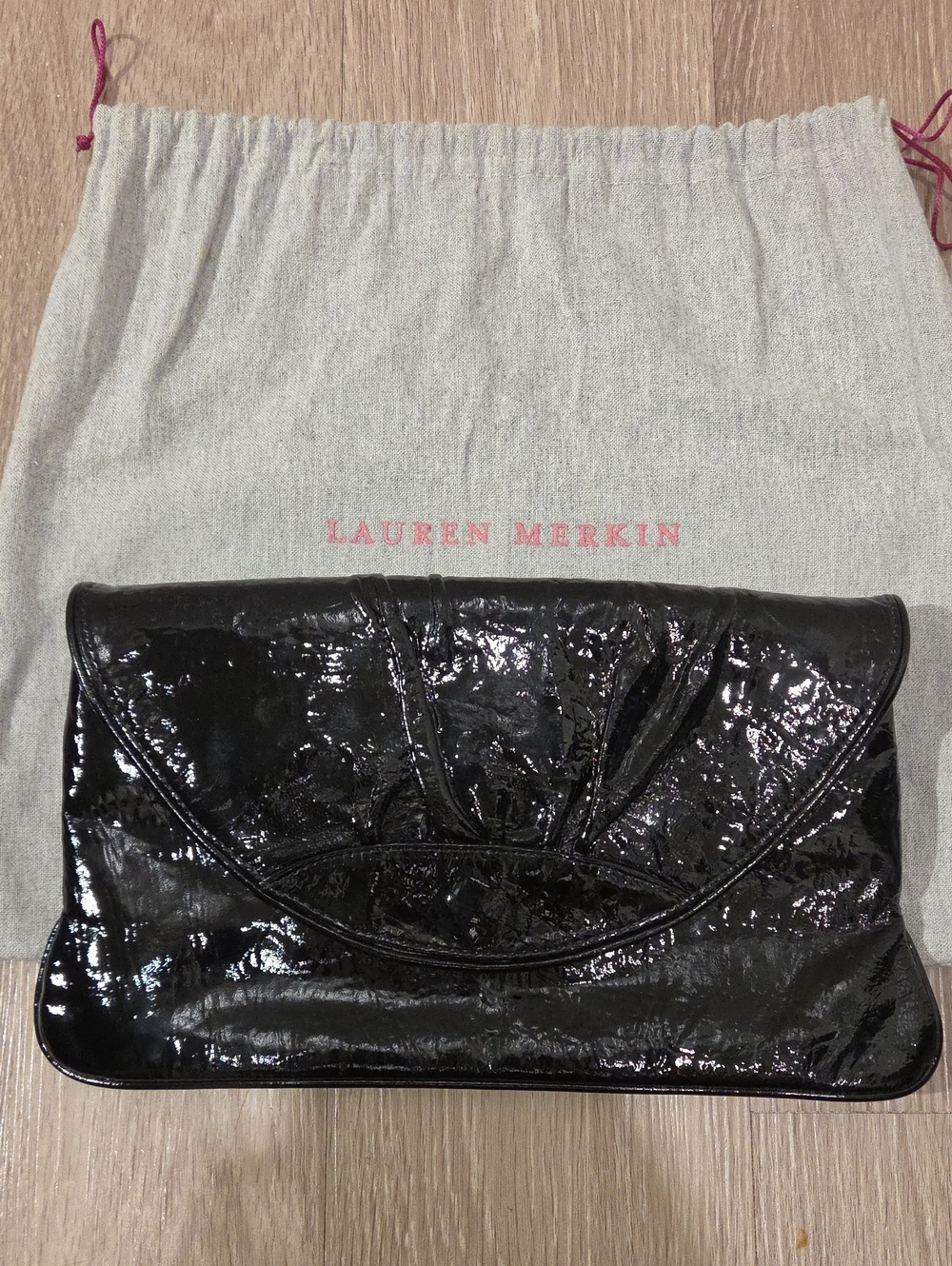 Lauren Merkin Black Patent Leather Foldover Clutch